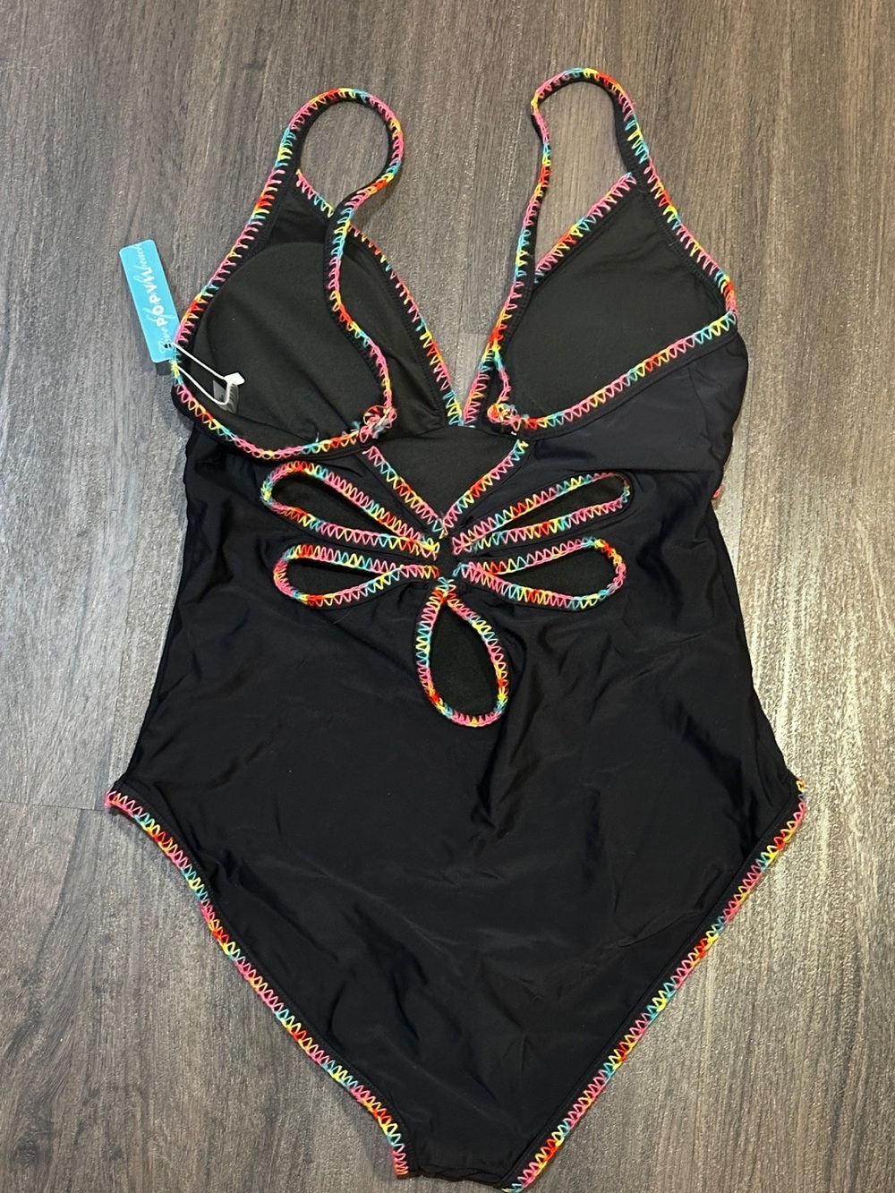 Rainbow Trim Cutout One Piece Swimsuit Black Neon Stitching Size Large NWT - Picture 5 of 11